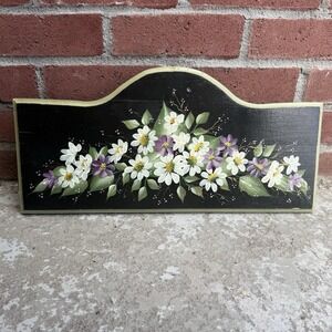 Large 18" Vintage Hand Painted Tole Floral Wood Plaque Daisies Violets Folk Art